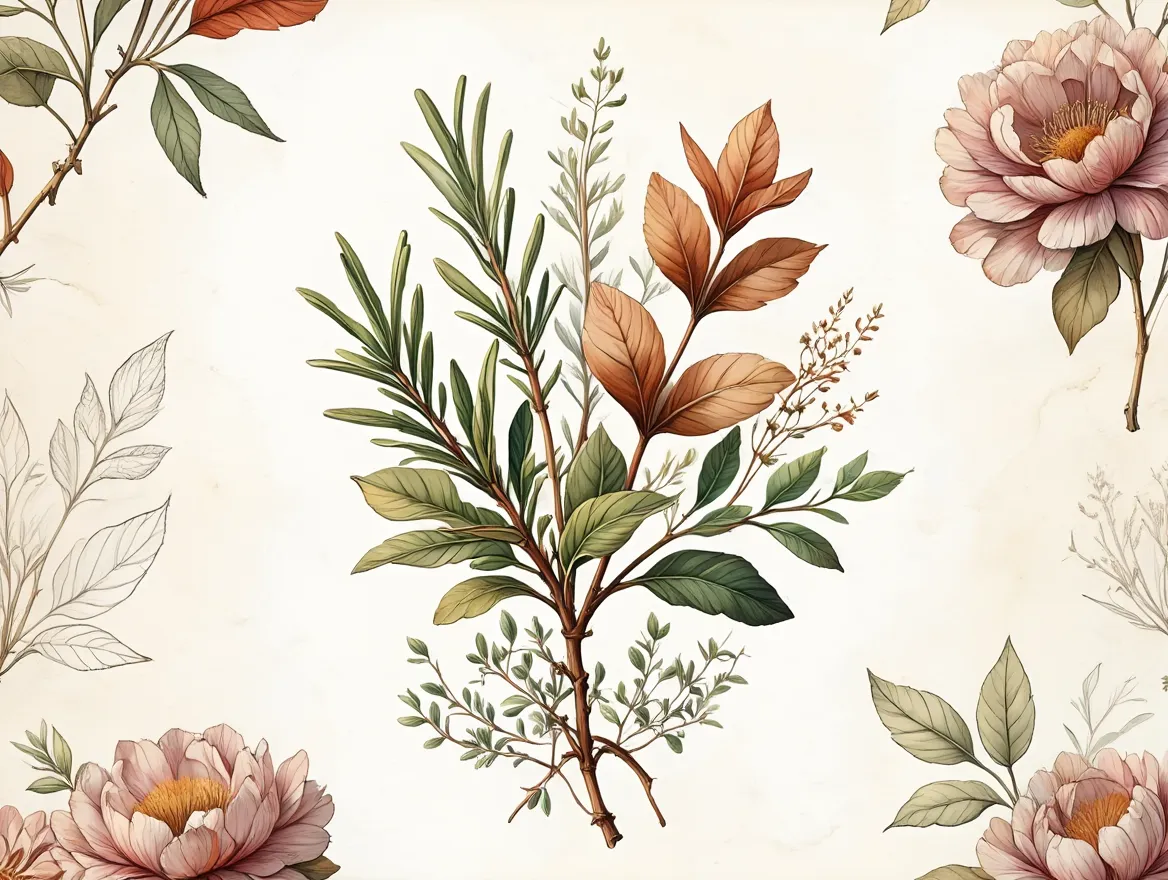 Illustratie van verse kruiden en botanische elementen in aardse tinten